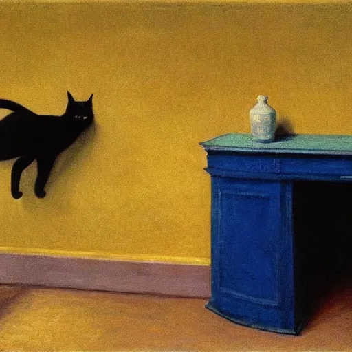 Image similar to a black winged cat in a blue and gold haunted liminal abandoned room, film still by edward hopper, by gottfried helnwein, by klimt, art noveau, highly detailed, strong lights, liminal, eerie, bright pastel colors,