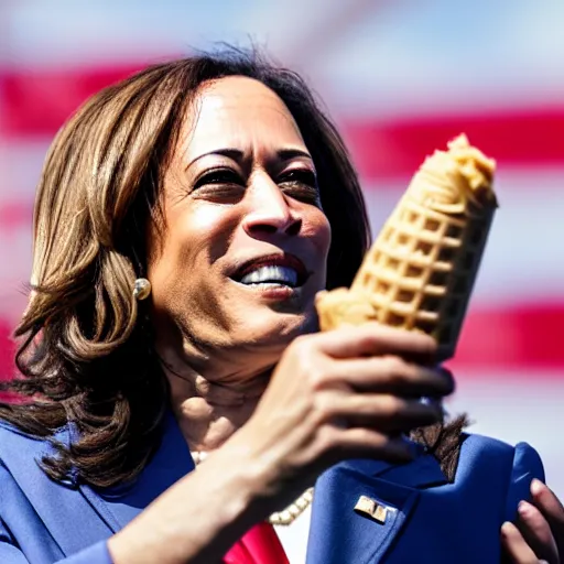 Image similar to kamala harris shoving an ice cream cone into joe biden's ear surrounded by stunned onlookers pointing and laughing, photography, sigma f 3 0, highresolution