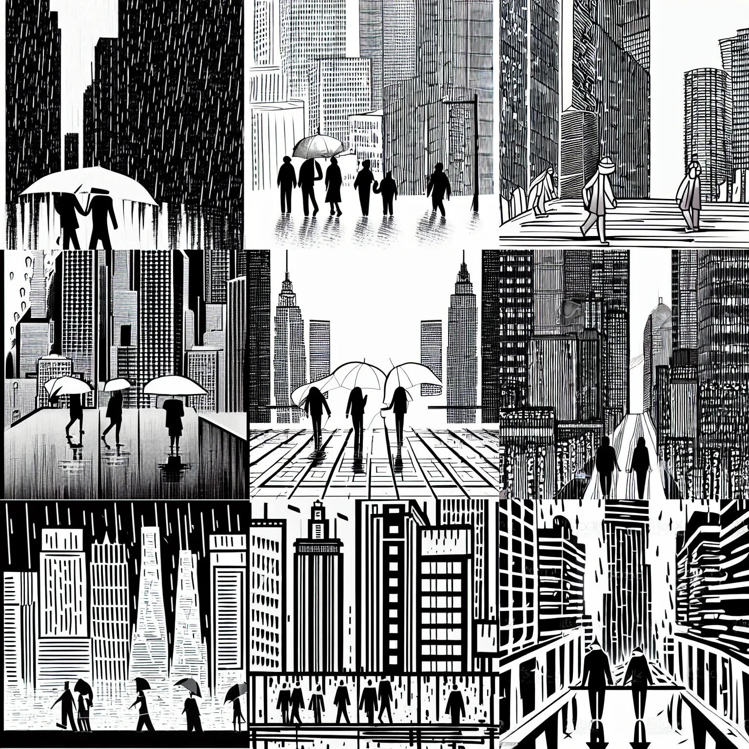 Prompt: black and white illustration of people walking in the rain with skyscrapers in the background