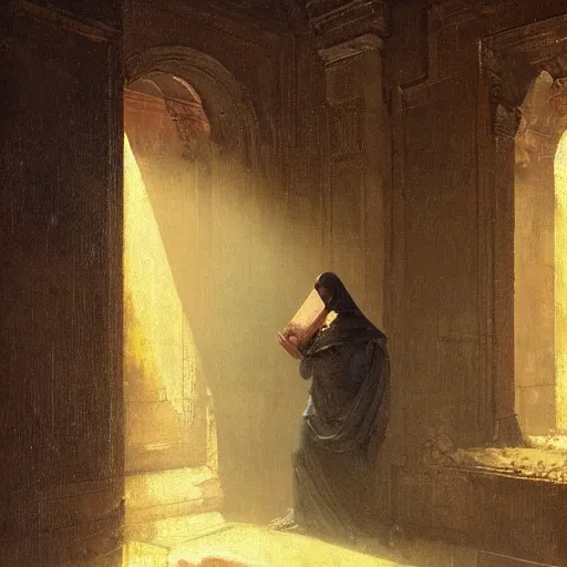 Image similar to half portait of magican wearing a closed cowl with big old book!, jeremy mann, jean leon gerome, tiepolo, alphonse mucha, greg rutkowski, face in the shadows, ( ( ruins of ancient rome ) ), at dusk, mysterious atmosphere, sunrays, dof, masterpiece, high detailed, 8 k