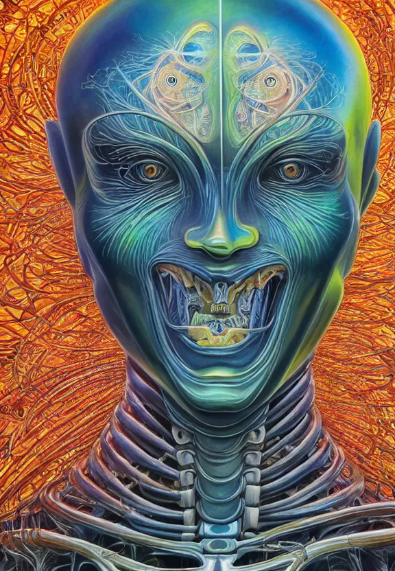 Image similar to perfectly centered portrait front view of a beautiful biomechanical alien robot, flowing hair, intense stare, sweet smile, symmetrical, concept art, intricate detail, volumetric shadows and lighting, realistic oil painting by alex grey,