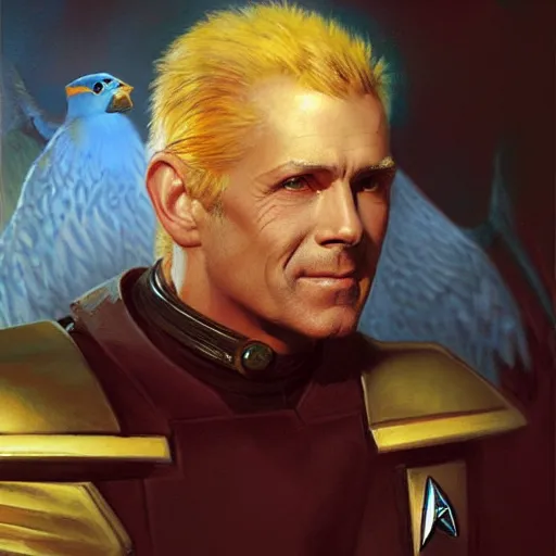 Image similar to a portrait of a bird birdman avian star trek captain. highly detailed painting by gaston bussiere, craig mullins, j. c. leyendecker, furry