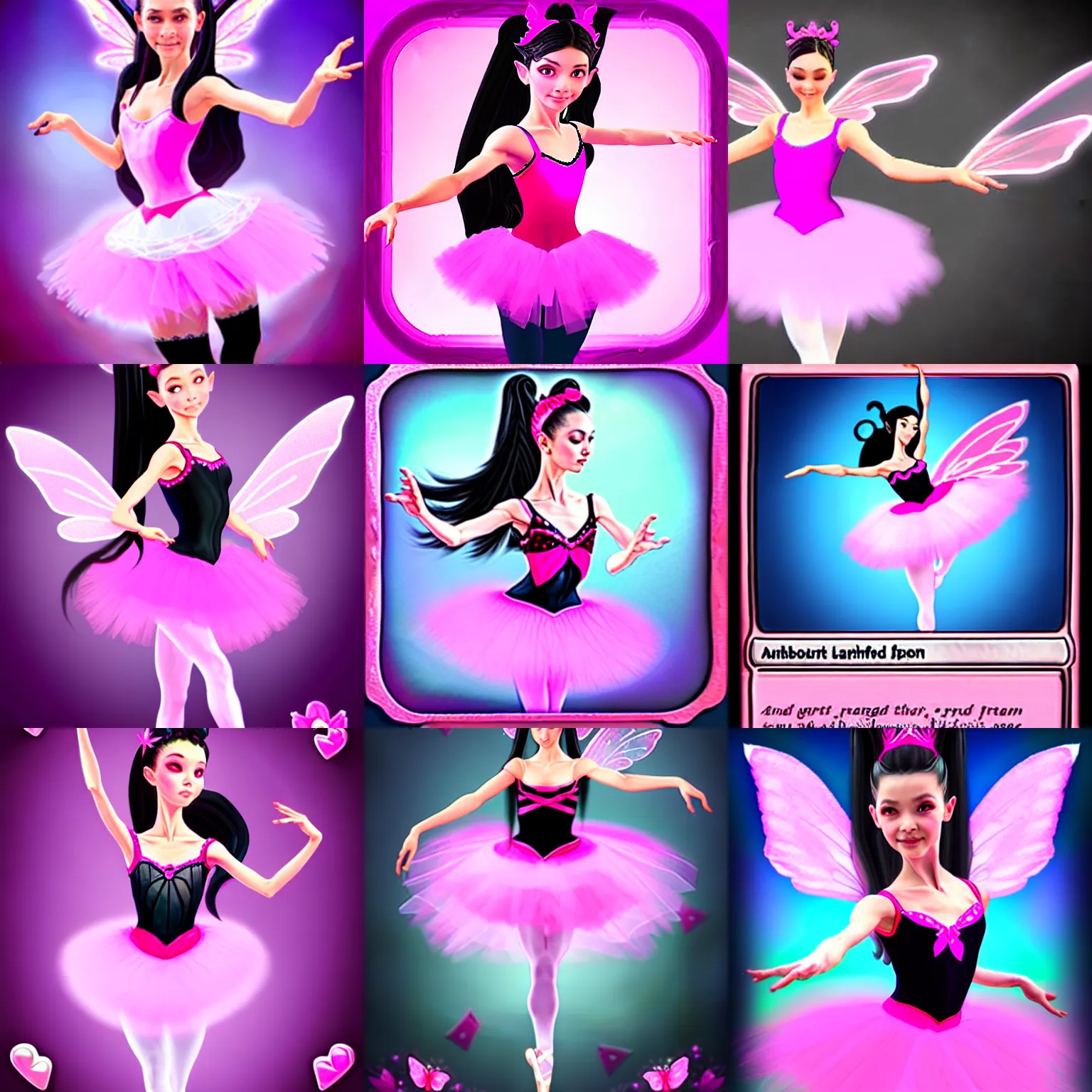 Prompt: a beautiful ballerina woman with long black hair, wearing a pink top and a pink tutu, fairy wings, Hearthstone official splash art