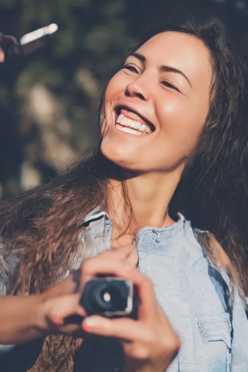 Prompt: a smiling women taking a zoomed out selfie, hyper realistic photography, highly detailed, sharp focus, good vibes, realistic, highly detailed attribute, award winning, art by portrait realistic illustrators