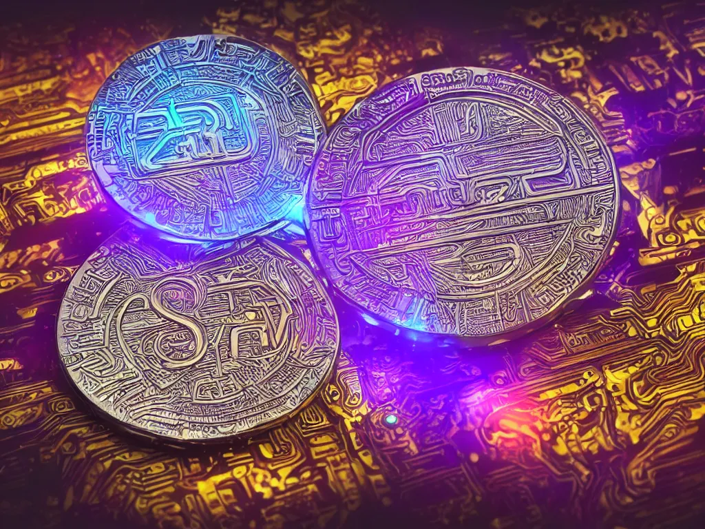 Prompt: glowing coin, digital art, ultra-detailed, cyberpunk colors