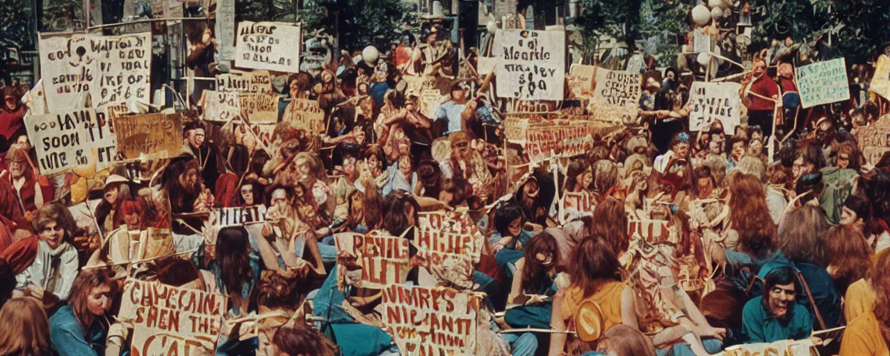 Image similar to hippies protesting with spaghetti signs, 1 9 6 0's,, high detail, canon 5 0 mm, wes anderson film, kodachrome