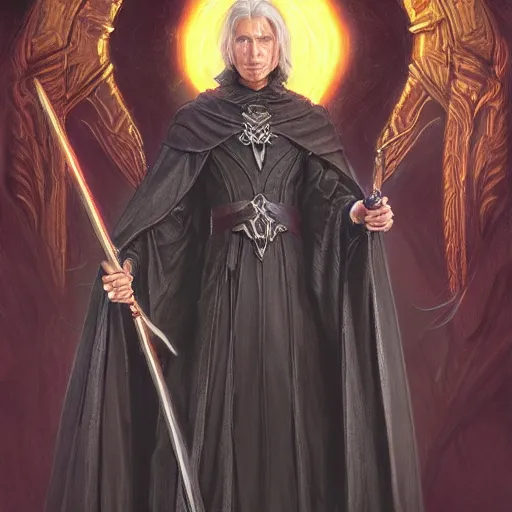 Prompt: Young, handsome wizard with a blonde ponytail wearing exquisite black robes, a spider cloak and wielding a legendary staff of light, fantasy D&D character, portrait art by Donato Giancola and Bayard Wu, digital art, trending on artstation, 4k