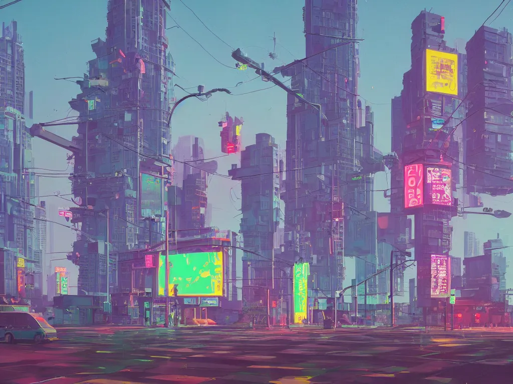 Image similar to tall futuristic buildings, billboards and neonsigns by Yusei Uesugi and Simon Stålenhag