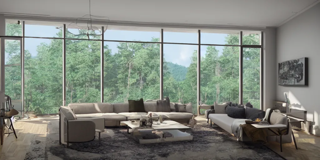 Image similar to a beautiful modern living room, large windows with a beautiful view of a forest, an area rug, realistic, hd, 8 k, digital rendering, unreal engine, blender, octane, maya