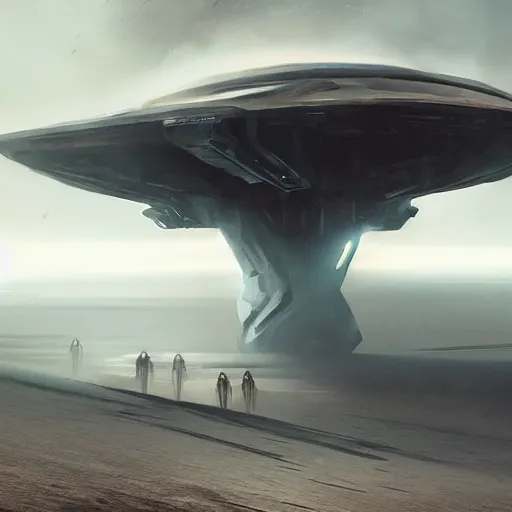 Image similar to concept art, mothership, sci - fi spaceship in combat, in planet atmosphere and dense fog, explosions, highly detailed, dune scene, denis villeneuve