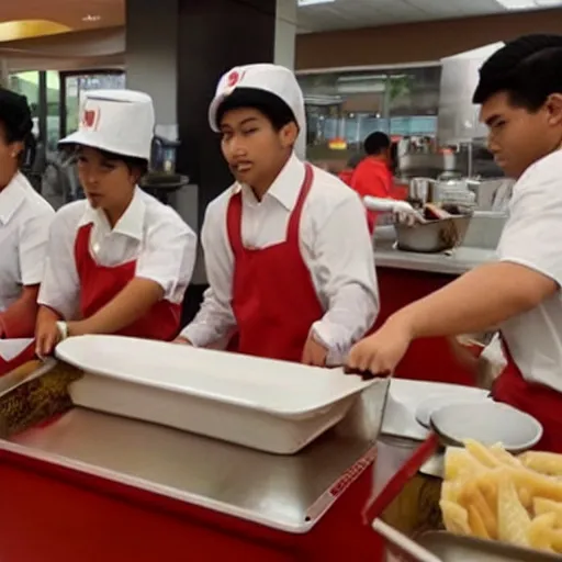 Prompt: Jollibee workers serving Jesus Christ las supper