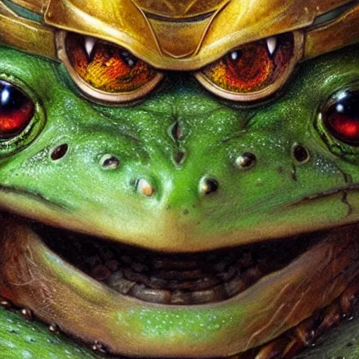 Image similar to frog as a realistic fantasy knight, closeup portrait art by donato giancola and greg rutkowski, realistic face, digital art, trending on artstation, symmetry!!, no helmet