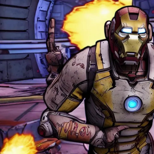 Prompt: Screenshot from new Borderlands DLC featuring Ironman, 8k photorealistic