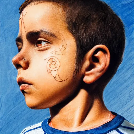 Image similar to a detailed portrait of a spanish boy with a face tattoo, art illustration, incredibly highly detailed and realistic, 8 k, sharp focus