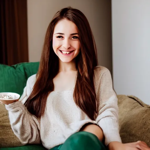 Prompt: a cute young woman smiling, long shiny bronze brown hair, full round face, emerald green eyes, medium skin tone, light cute freckles, smiling softly, wearing casual clothing, relaxing on a modern couch, interior lighting, cozy living room background, medium shot, mid-shot, soft focus