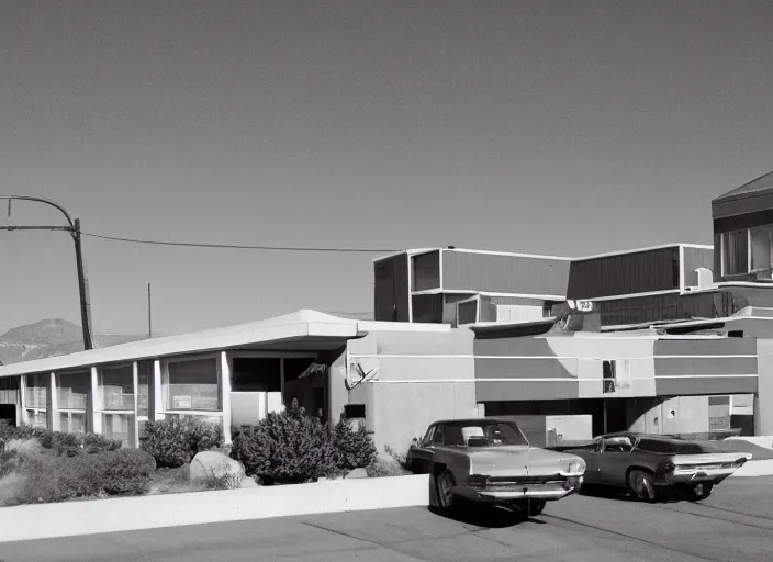 Image similar to a midcentury modern motel in salt lake city utah in the year 1 9 6 7