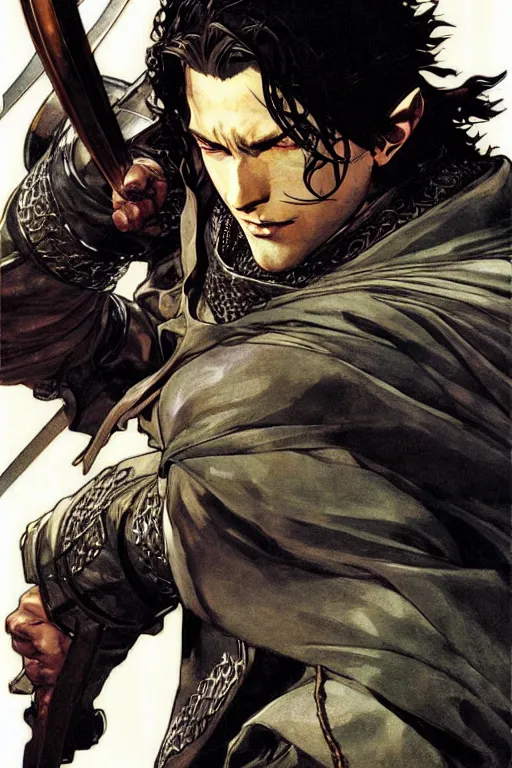 Prompt: attractive man, the lord of the rings, painting by j. c. leyendecker, yoji shinkawa, katayama bokuyo