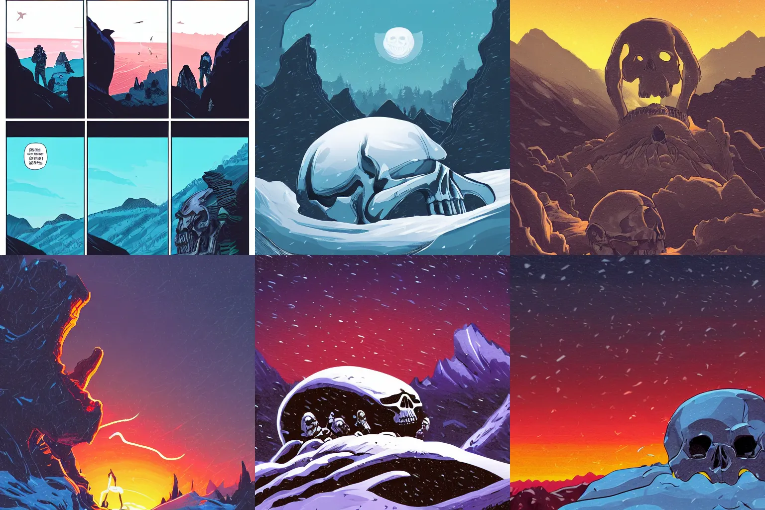 Prompt: Giant skull in the mountains, warriors gathered around it, snowstorm, sunset, in the style ghostshrimp and laurie greasley