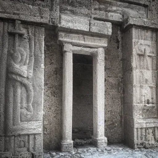 Prompt: delicate Beautiful ancient young woman near giant mysterious and eerie mausoleum, extremely high detail, photo realistic, cinematic, dramatic, post processed