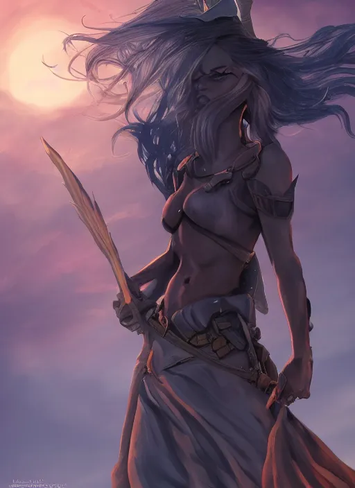 Image similar to fantasy heroine detailed looking heroically at the sky at dusk, profile, in the style of Milica Čeliković and James Daly, artstation, digital art, full figure