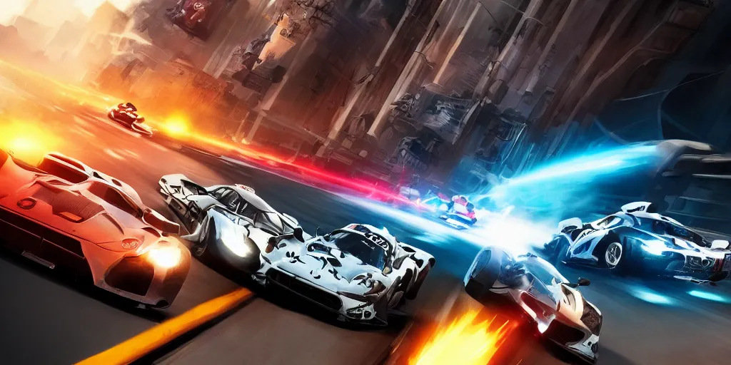 Image similar to a commercial art for a racing movie with lot of motion blur, cinematic, dramatic, artstation, epic