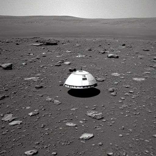 Prompt: photo of a soviet union spacecraft landing on the surface of mars, vintage 1 9 7 0's,