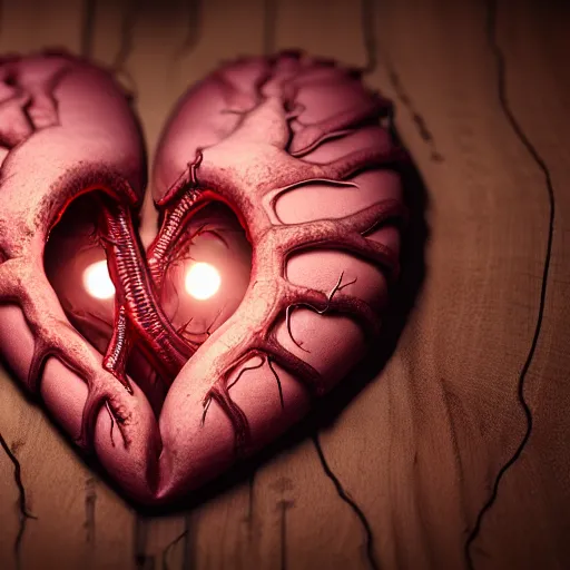 Image similar to lovecraftian anatomical heart lying on a wooden desk, closeup, detailed, realistic, cinematic lighting, unreal engine, cgsociety, detailed