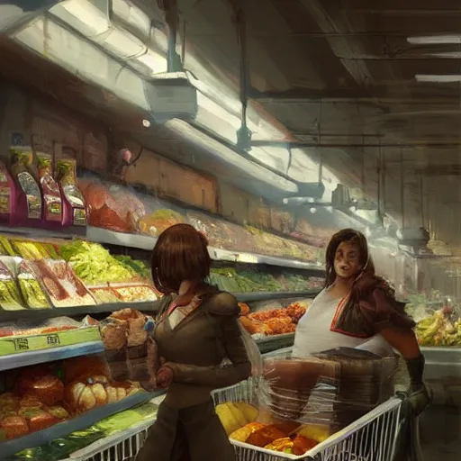 Image similar to digital painting of a super market deli shopping elegant but deadly chicogriff, griffin chicogriff hybrid monster, by Greg Rutkowski, magic the gathering concept art, trending on artstation, 4k resolution, ((in a super market Costco))