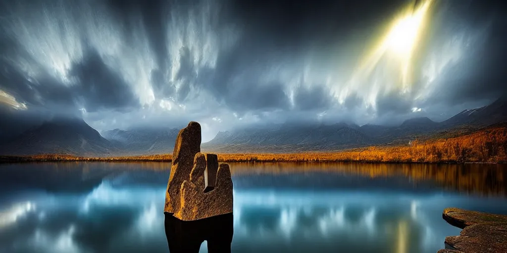 Image similar to amazing landscape photo of megalithic monolithic statue with lake at sunise by Marc Adamus beautiful dramatic lighting, surrealism