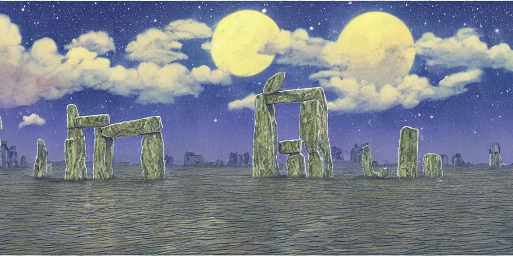 Prompt: a realistic cell - shaded concept art from howl's moving castle ( 2 0 0 4 ) of a multi - colored cube from close encounters of the third kind ( 1 9 7 7 ) over a flooded stonehenge. it is a misty starry night. very dull colors, hd, 4 k, hq