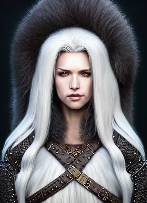 Image similar to fur leather armor!!! long wild white hair!! covered chest!!! fantasy, d & d, intricate ornate details, symmetry, concept art, sharp focus, illustration, art by artgerm! greg rutkowski magali villeneuve wlop! ilya kuvshinov!!, octane render, unreal engine 5, highly rendered!!