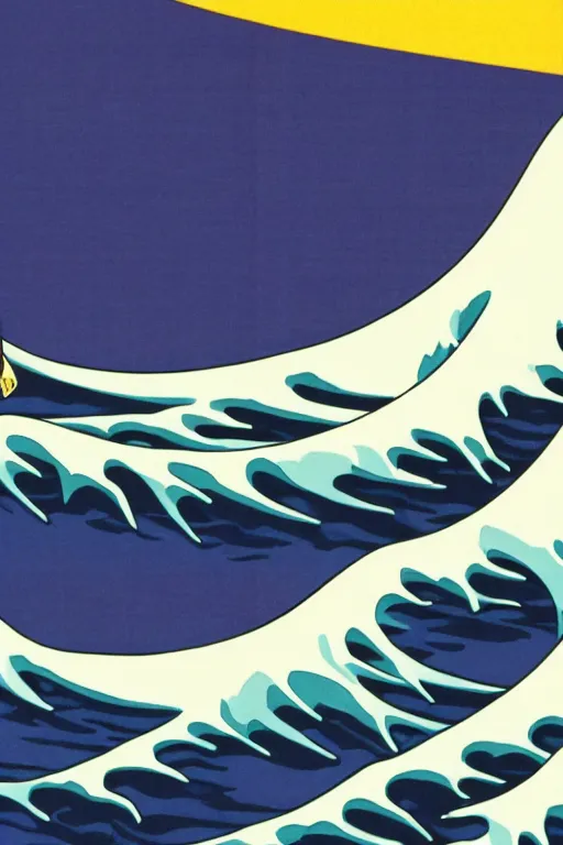 Image similar to Patrick Nagel Poster Illustration of The Great Wave off Kanagawa, sunset in the background