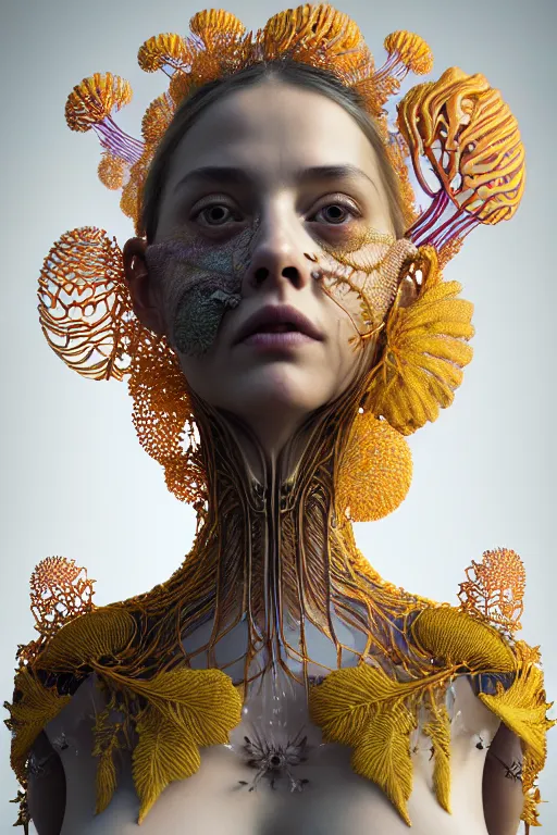 Prompt: complex intricate hyper detailed ultra sharp 3 d render of a beautiful porcelain biomechanical woman medium shot portrait, floodlight, large pore fractal fungi embroidered, cyberpunk art nouveau, haute couture alexander mcqueen leaves stems dahlia transparent fractal crystalline dandelion yellow pistil filigree roots, intricate details, octane render, volumetric cinematic lighting, 8 k,