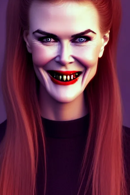 Image similar to mix of beautiful young maria shriver, mariel hemmingway, brooke shields, nicole kidman and elle macpherson as a vampire showing vampire teeth, ready to bite, thin lips, hair tied up in a pony tail, dark blonde hair, colorful, deviantart, artstation, cgsociety