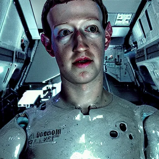 Prompt: a broken Mark Zuckerberg android cyborg head on the floor, leaking white slimy fluid. Nostromo Alien movie.