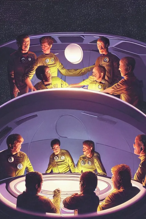 Image similar to an illustration of the crew of a spaceship are huddled over a glowing console, by barclay shaw