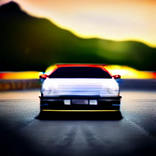 Image similar to a car drifting Toyota JZX100 in middle of road, gunma prefecture, city sunset, cinematic color, photorealistic, highly detailed, bokeh