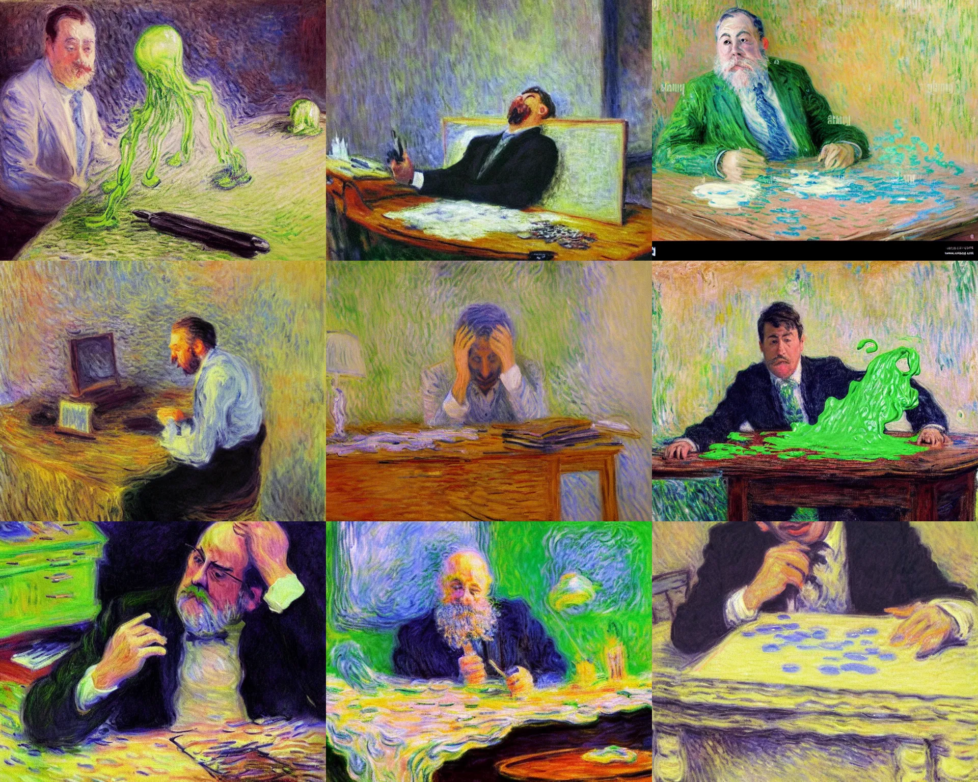 Prompt: slime goop businessman person melting collapsing on desk. impressionist painting, claude monet, melting wax, blobs