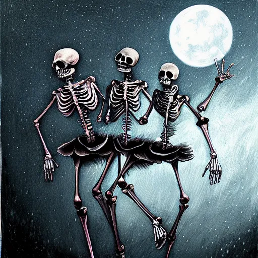 Prompt: highly detailed painting Macabre Dancing skeletons eerie moonlit under water scene digital art deviantart