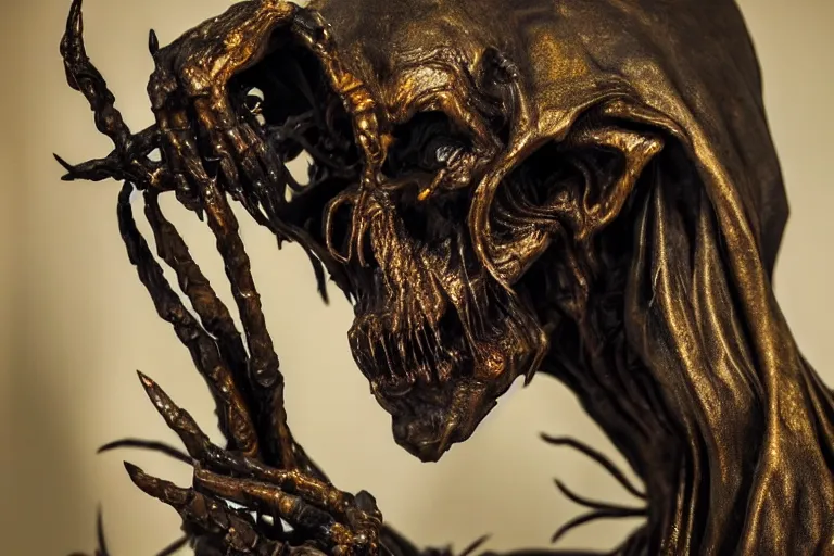 Image similar to photo taken of an epic intricate, ultra detailed, super realistic sculpture of a nightmarish hellish demonic hooded grim reaper on display in a workshop, created by weta workshop, zoomed in shots, photorealistic, sharp focus, f 0. 4, face centred, macro photography, golden ratio, golden hour