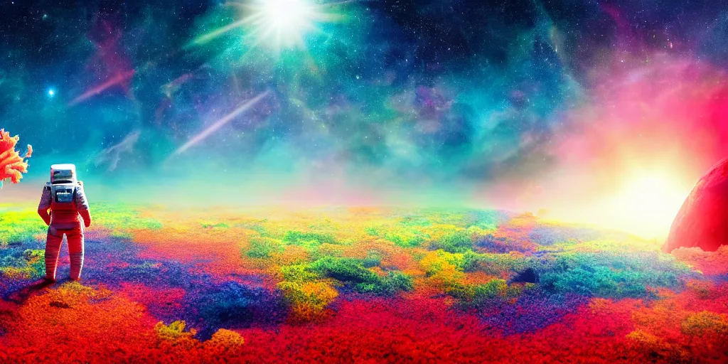 Image similar to astronaut walks in a field of colorful corals on the surface of a far away planet. universe in the background. wallpaper relaistic cgi 4 k lens flare cinematic color grading