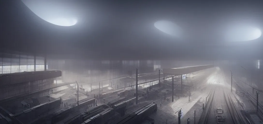 Prompt: dramatic view of brutalist train station, colored fog, haze, unreal engine, dramatic lighting, detailed, ambient occlusion, global illumination, god rays, 3 d artstation render by greg rutowski and jessica rossier