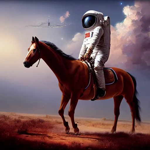 Image similar to a horse on top a man, a horse carried by a astronaut, hyperrealism, no blur, 4 k resolution, ultra detailed, style of ron cobb, adolf hiremy - hirschl, syd mead, ismail inceoglu, rene margitte