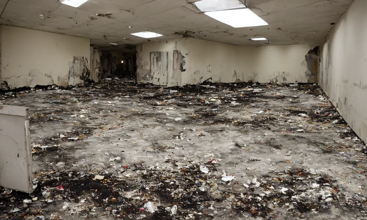 Image similar to backrooms abandoned mall, moldy walls and smoldering garbage