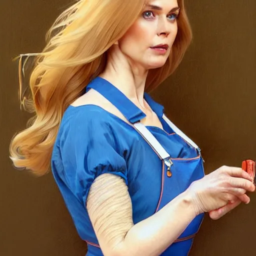 Prompt: portrait of a blonde fuller figured middle aged barbara bach from the bond film wearing blue dungarees and eating ice creams in porto, real life skin, intricate, elegant, highly detailed, artstation, concept art, smooth, sharp focus, art by artgerm and greg rutkowski and alphonse mucha