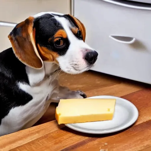 Prompt: a beagle stealing cheese from the counter.