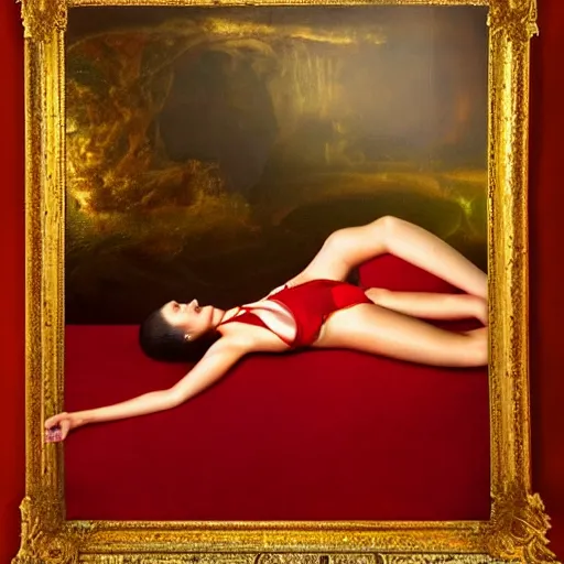 Prompt: Bella Hadid full body laying in a blood red pool of water between a golden mirror frame, outside is space and inside the mirror frame is a beautiful landscape., physically accurate, dynamic lighting, intricate, elegant, highly detailed, very very Roberto Ferri, sharp focus, illustration, art