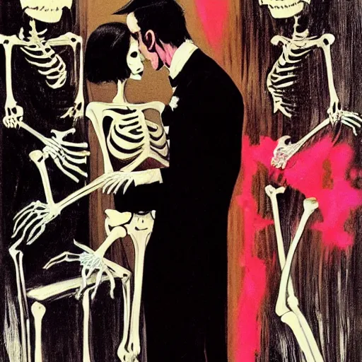 Prompt: a skeleton in a black suit tuxedo, talking to a beautiful woman in a low cut blouse and a miniskirt, Black light velvet painting by Basil Gogos and Robert McGinnis