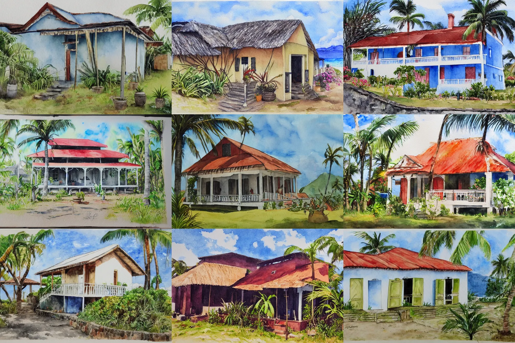 Prompt: traditional creole house from Reunion Island watercolor painting,trending on artstation