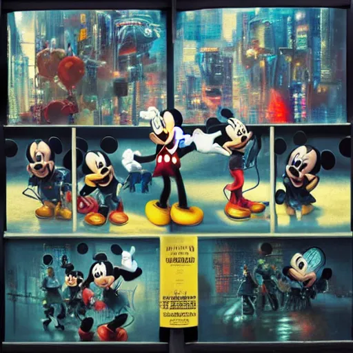 Image similar to a group of people standing around a mickey mouse, cyberpunk art by drew struzan, cgsociety, sots art, dystopian art, reimagined by industrial light and magic, concept art